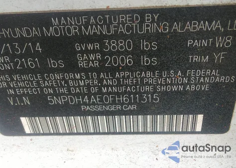 2015 Hyundai Elantra Limited из США, поврежденный, VIN 5NPDH4AE0FH611315